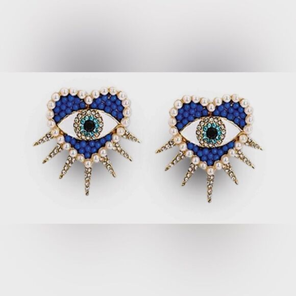 Blue heart evil eye earrings M77 - Picture 1 of 6